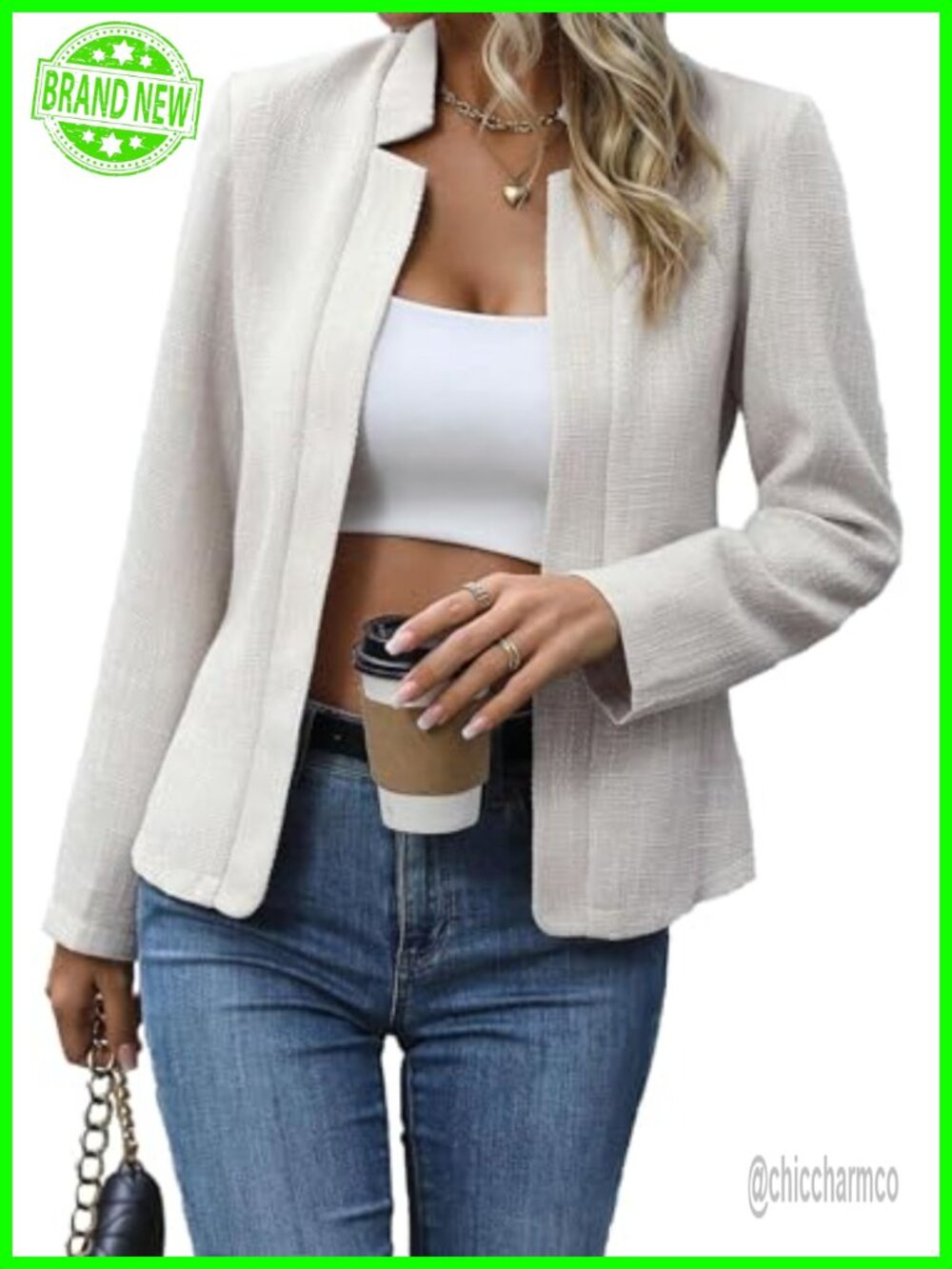 Tweed Plaid Open Front Blazer Fitted Jacket Business Casual